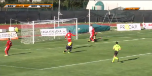 Santarcangelo-Grosseto - De Respinis porta in vantaggio i padroni di casa (immagine tratta da www.sportube.tv)