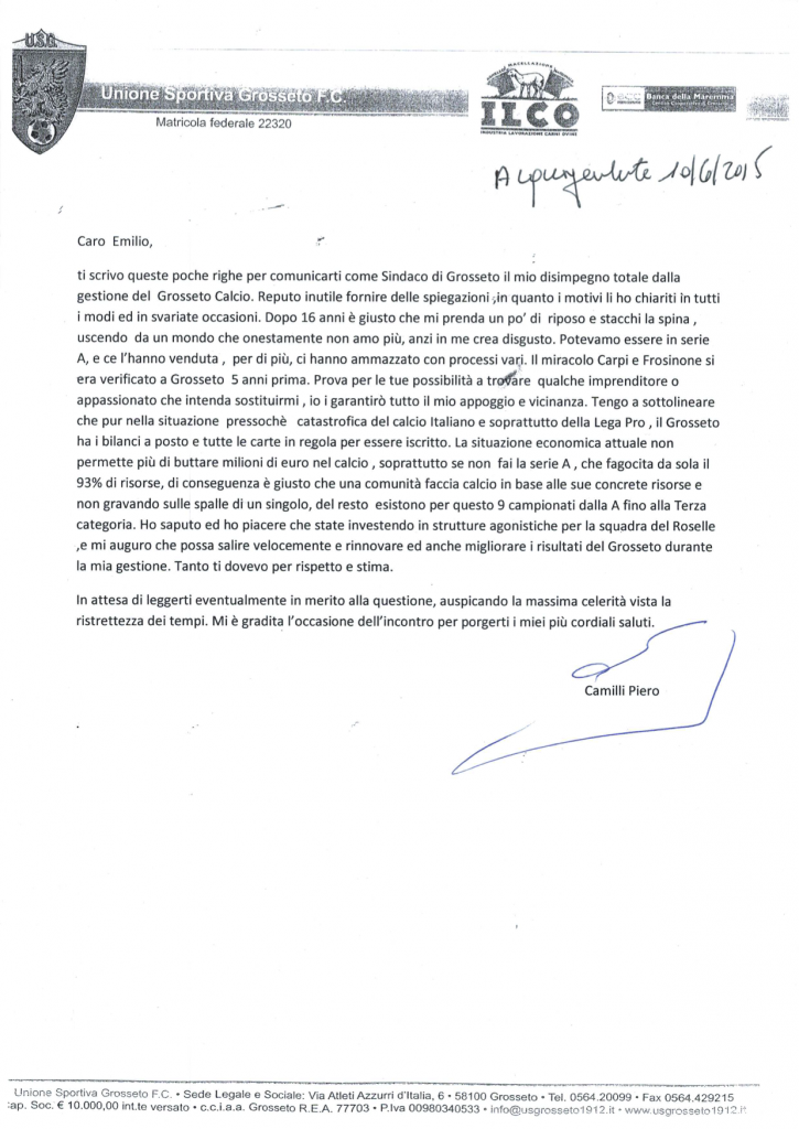 La lettera di Camilli a Bonifazi - 10 giugno 2015
