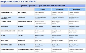 Designazioni arbitrali 29ª giornata Serie D girone G 2015-16