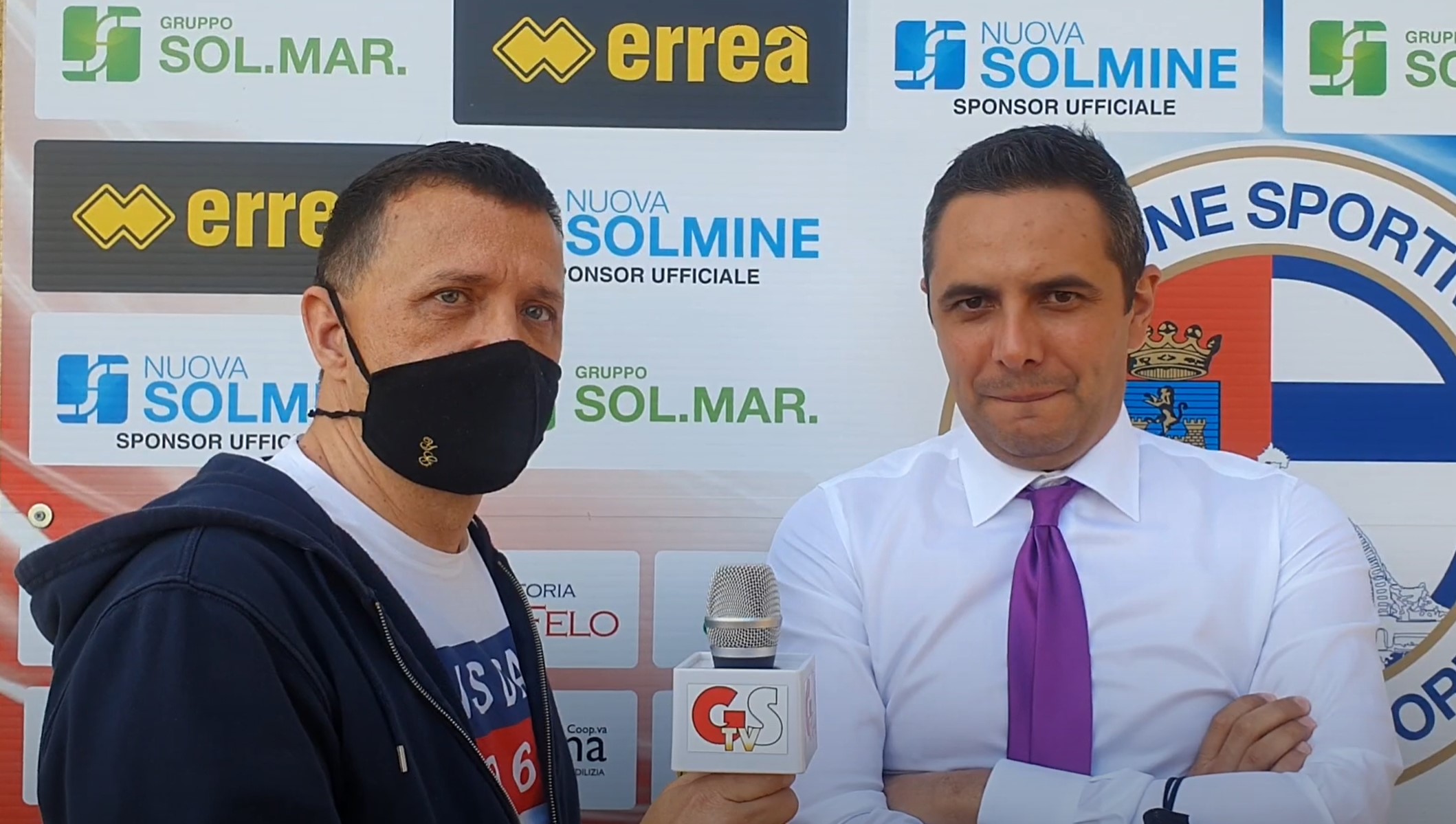 Yuri Galgani (a sinistra) intervista Lorenzo Mansi dopo Follonica Gavorrano-Sangiovannese 0 a 0